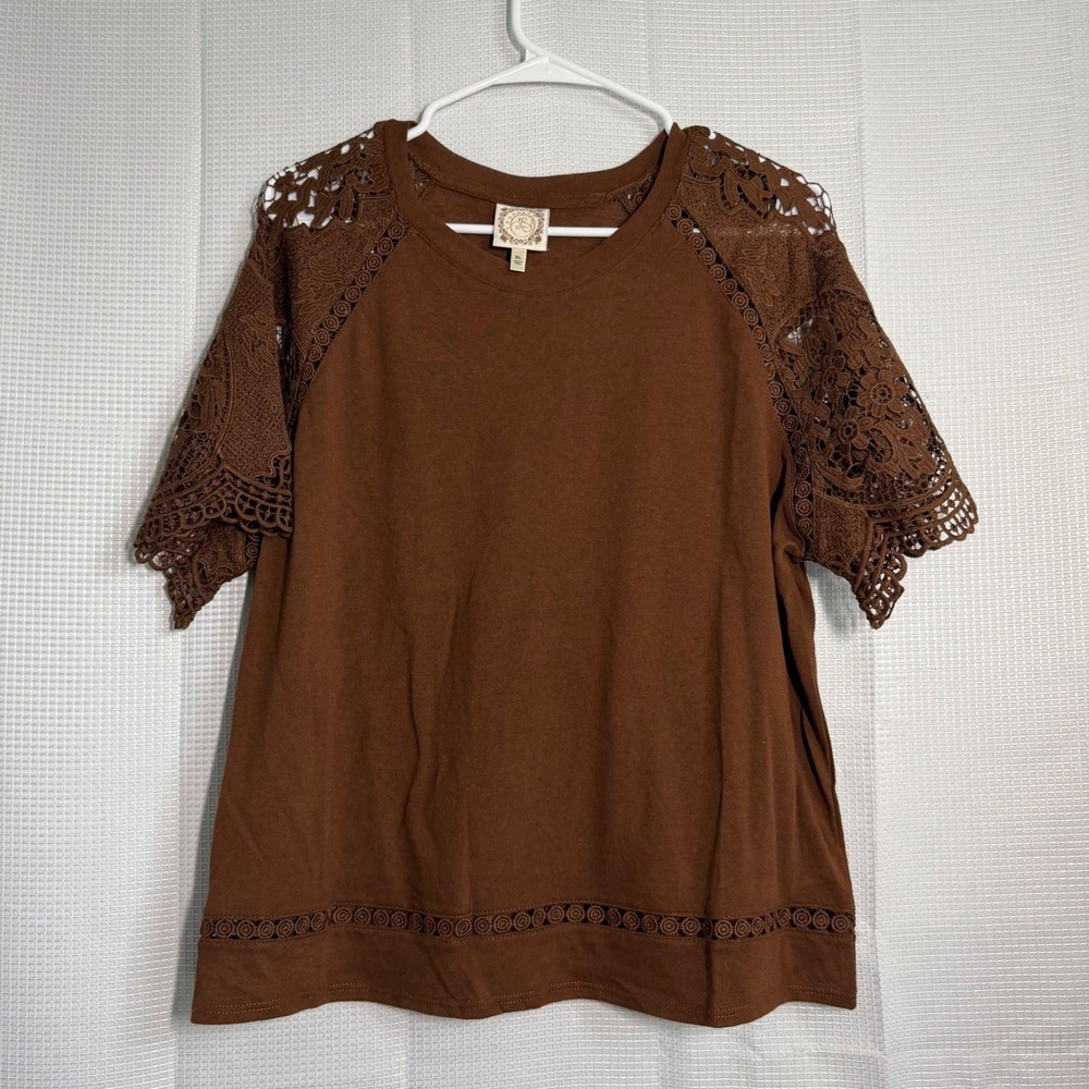 Tru Self Top Brown Cotton Blend Crochet Lace Sleeve Boho Peasant Blouse XL